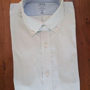 Izod Men's White Dress Shirt with Light Blue Pinstripes